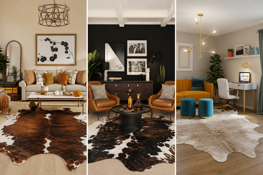 Rooms with Cowhide rugs accenting the colour schemes