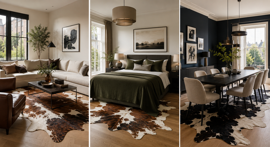 3 rooms with cowhide rugs placed in different ways