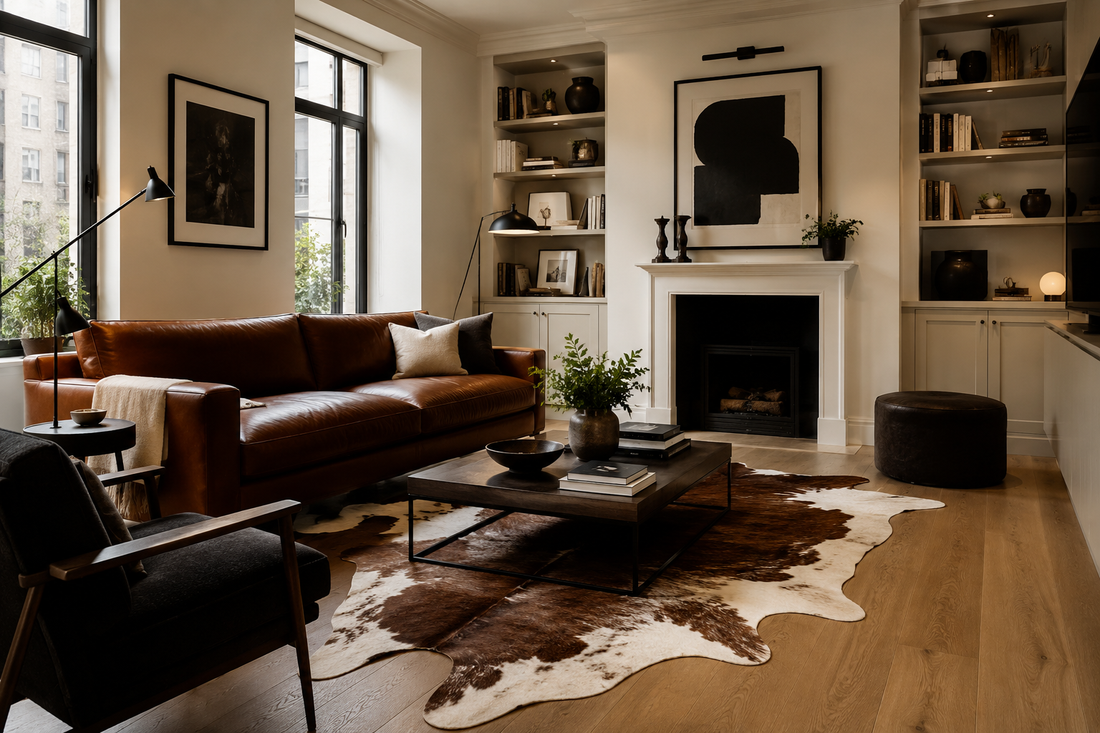 Luxury london interior brown cowhide rug