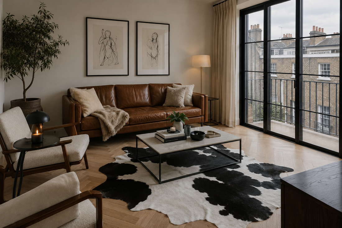 Black and white Cowhide rug in UK flat