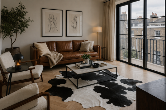 Black and white Cowhide rug in UK flat