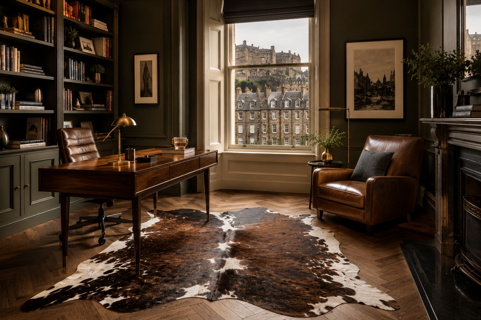 Cozy room with a desk, armchair, and large window with a cityscape view.