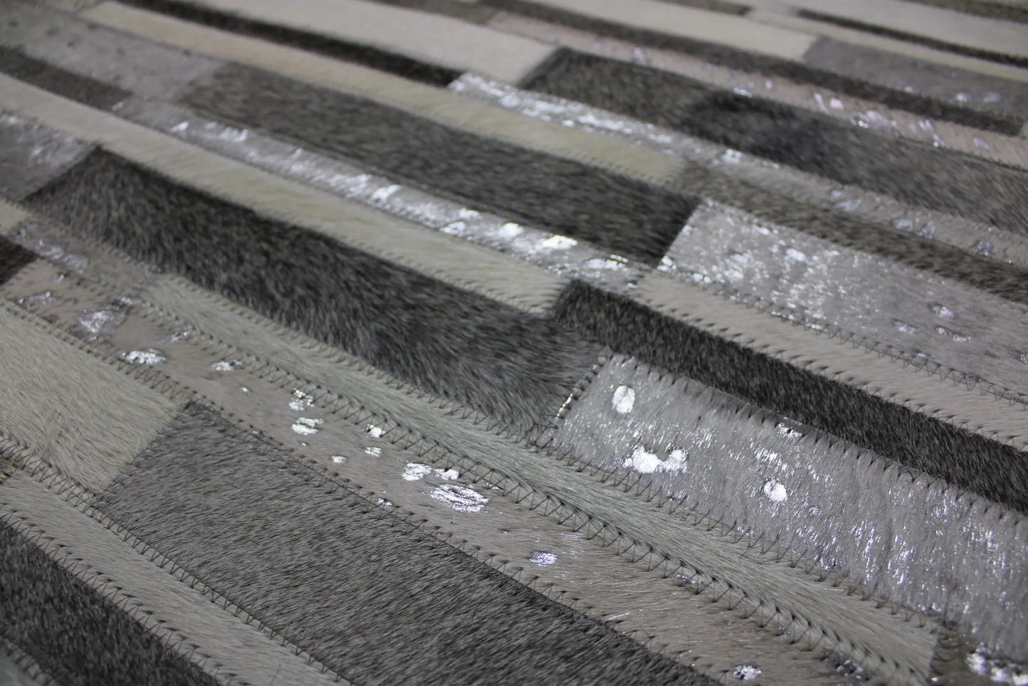 Patchwork Designer Cowhide Rug Silver Stripes