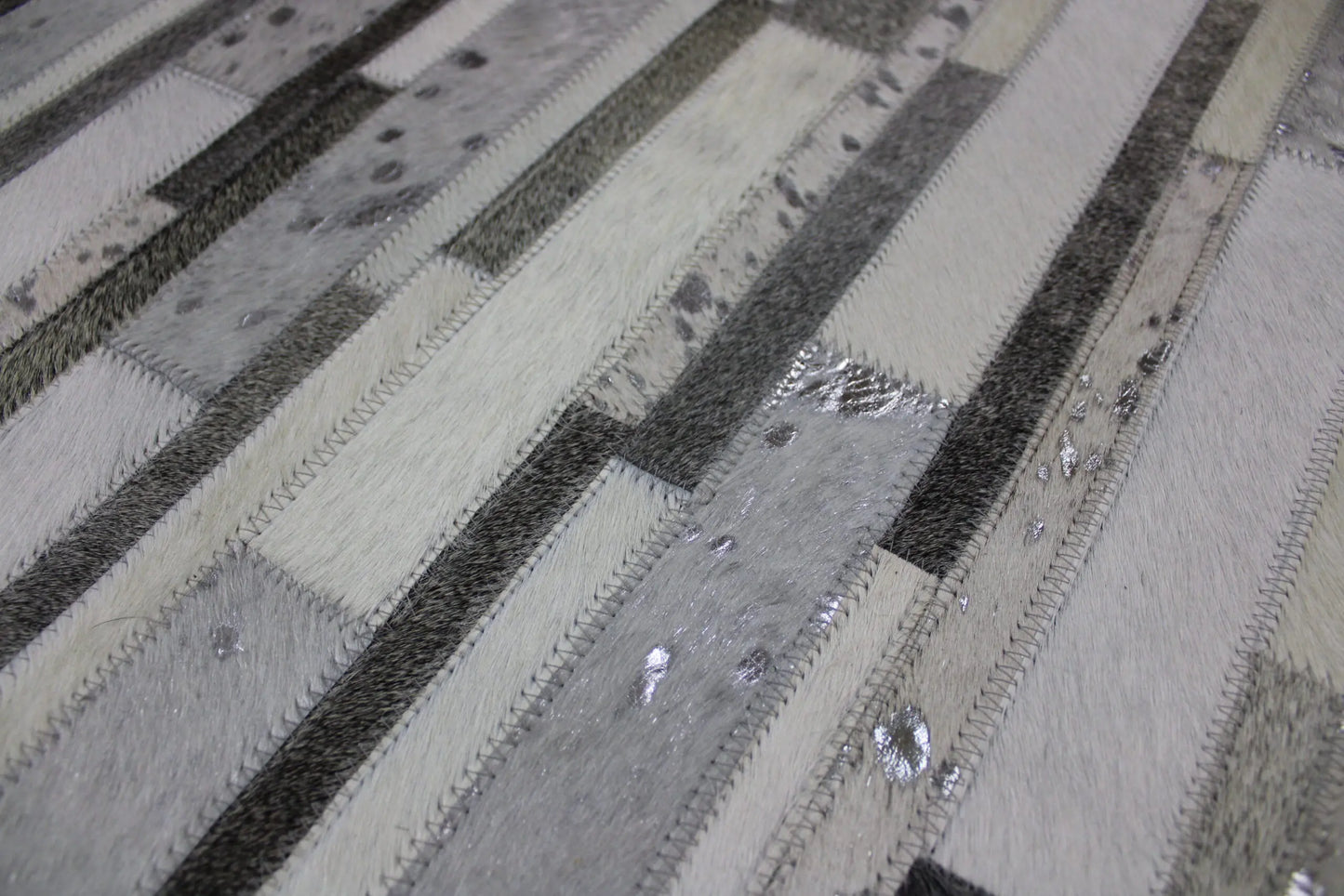 Patchwork Designer Cowhide Rug Silver Stripes