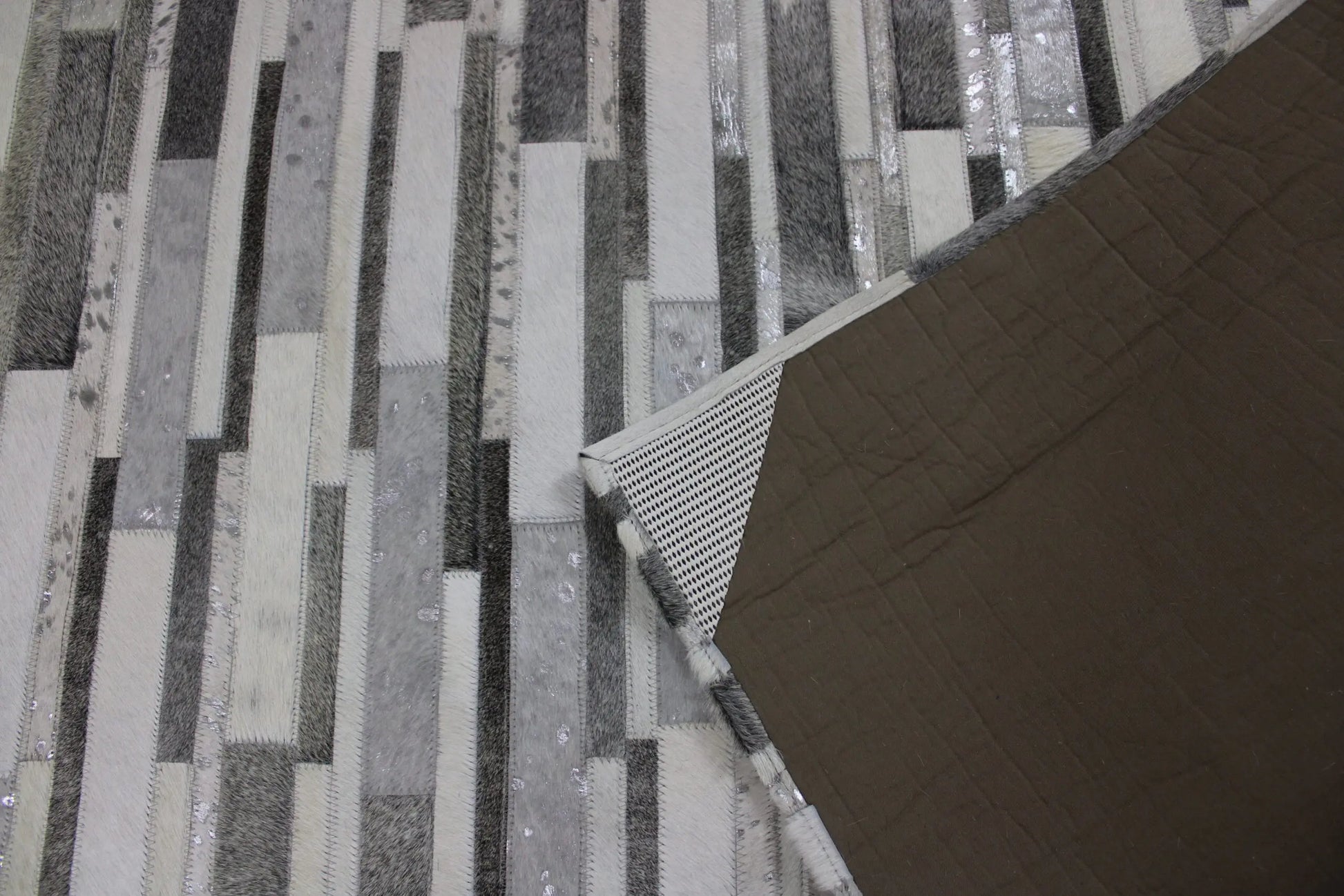 Patchwork Designer Cowhide Rug Silver Stripes
