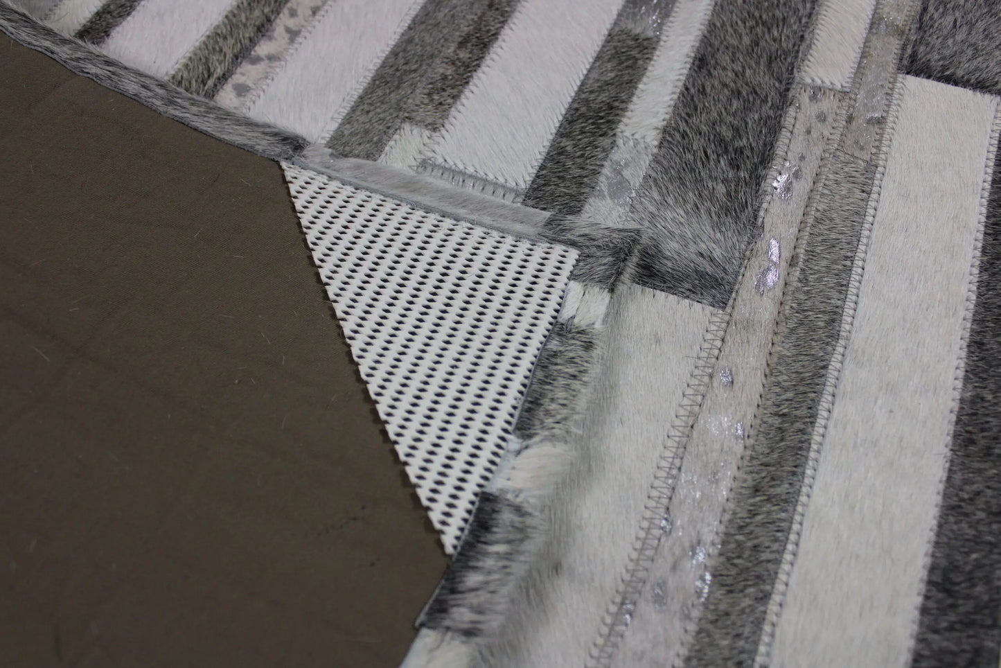 Patchwork Designer Cowhide Rug Silver Stripes